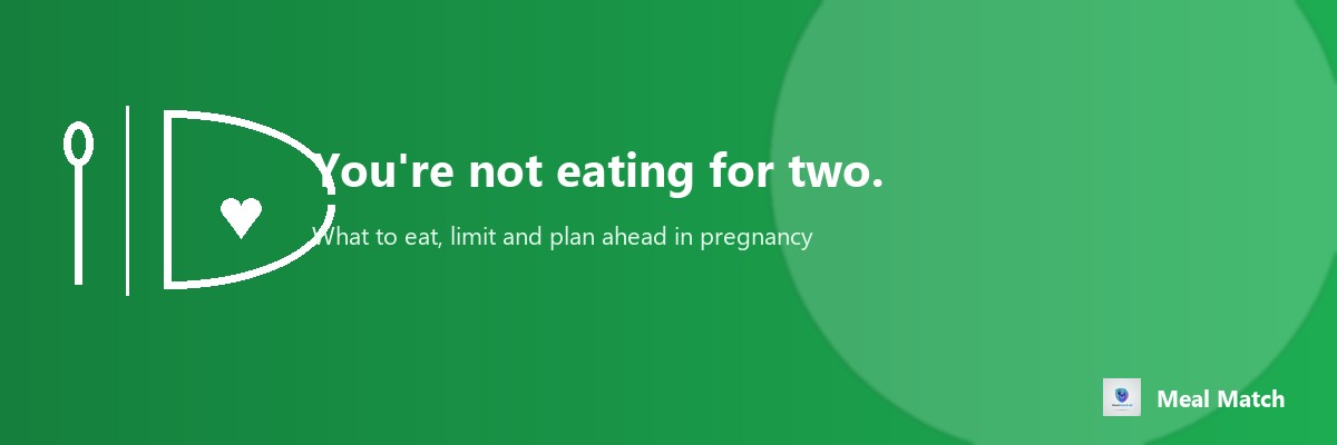 A white line-art icon of a spoon beside a pregnancy bump outline with a small heart, on a green background, illustrating a guide to meal planning during pregnancy