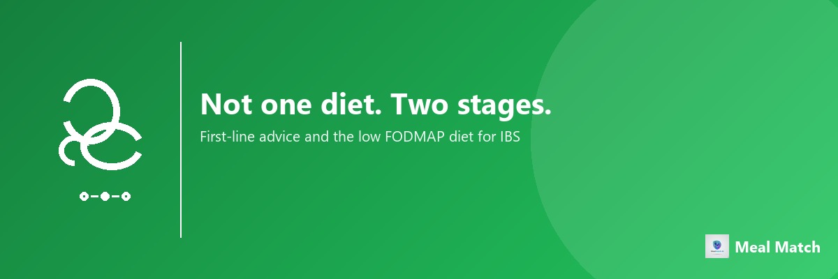 A white gut and stomach line-art icon on a green background, illustrating a guide to meal planning for IBS