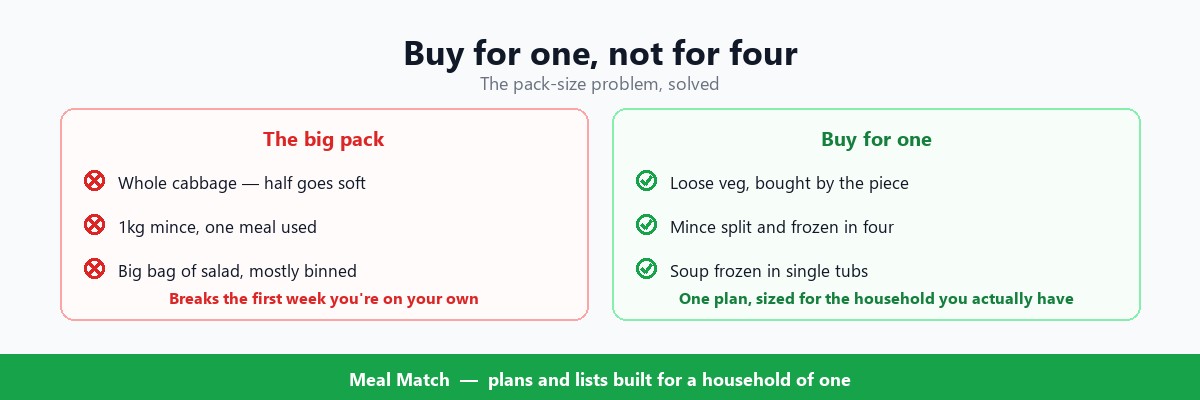 Comparison of buying a whole cabbage and a big bag of salad for one person against buying loose veg and freezing meat and soup in single portions