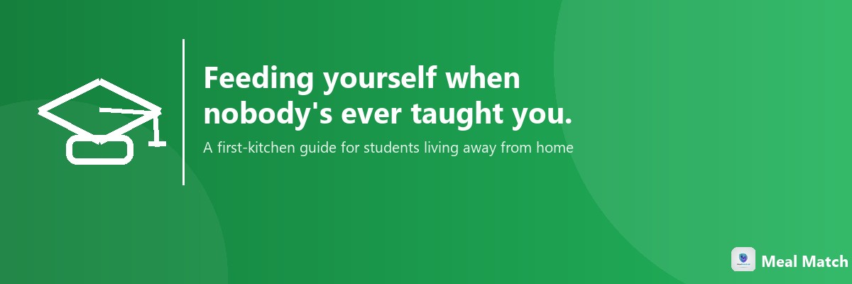 A white graduation cap icon on a green background, illustrating a guide to meal planning for students living away from home for the first time